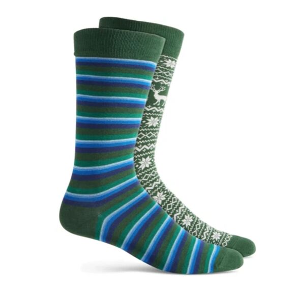 CLUB ROOM Crew Socks Mens Green 2-Pack Fair Isle Stripe Seamless Soft Touch - Picture 1 of 6